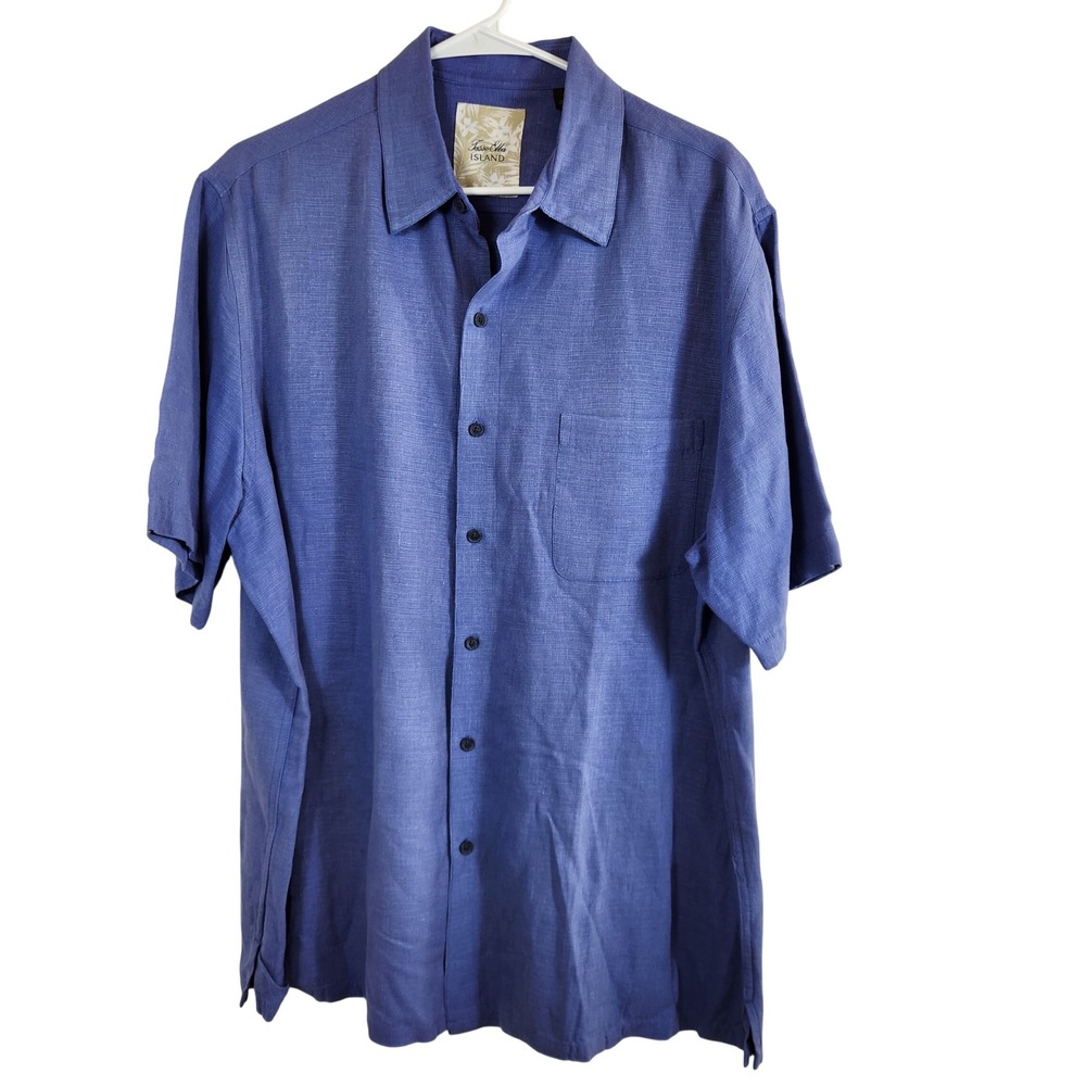 Tasso Elba Island Mens Blue‎ Silk Linen Short Sleeve Button Up Shirt Size XL